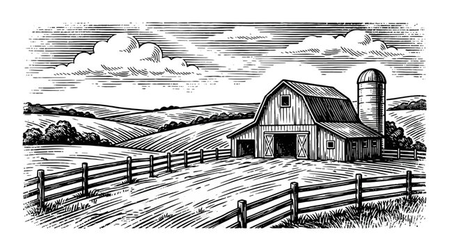 Engraved rural farm landscape with barn and silo