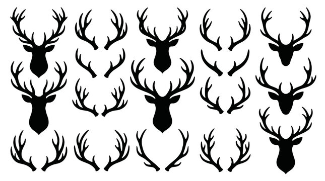 Set of black deer antler and stag head silhouette icons