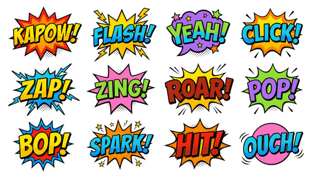 Vibrant superhero sound bubbles with kapow and flash text.