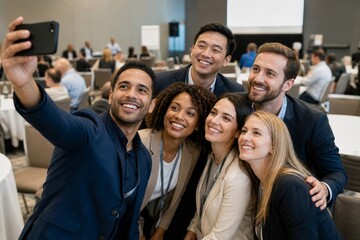 Fototapeta premium Group of diverse business colleagues taking a selfie together at a conference