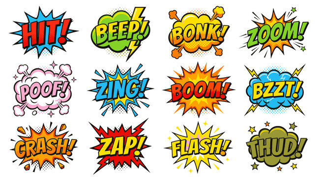 Vibrant superhero sound effects featuring hit beep and bonk.