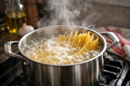 Spaghetti pasta cook in boiling bubbling water in stainless steel pot on a gas stove with steam