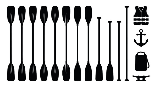 Paddleboarding and boating equipment silhouette icon set