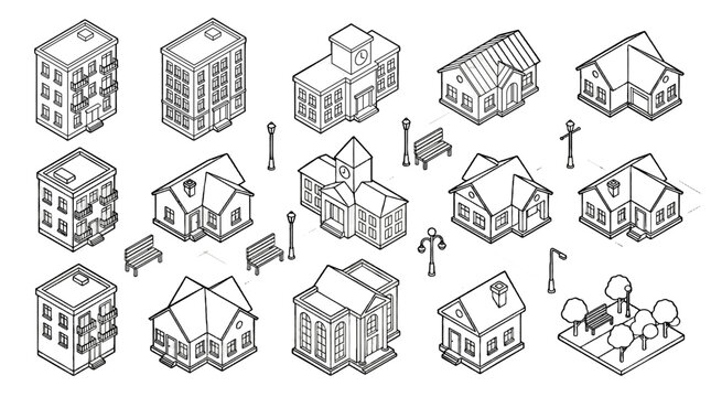 Isometric city building and street furniture outline icon set