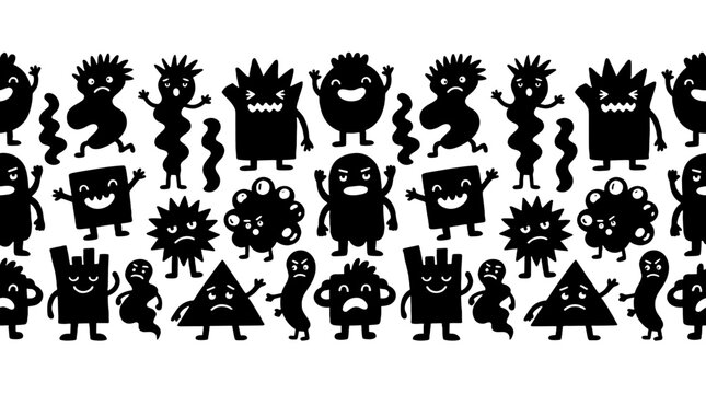Seamless pattern of cute black cartoon monster silhouettes
