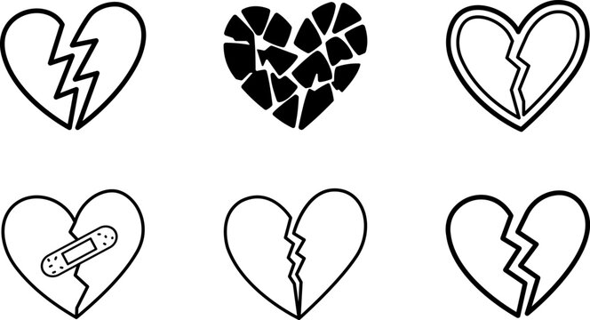 Black and white heartbreak icons on an isolated white background. EPS-10.