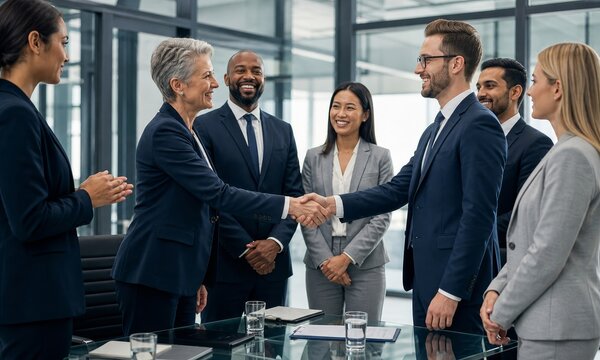 Group of diverse business professionals shaking hands in a modern office setting.