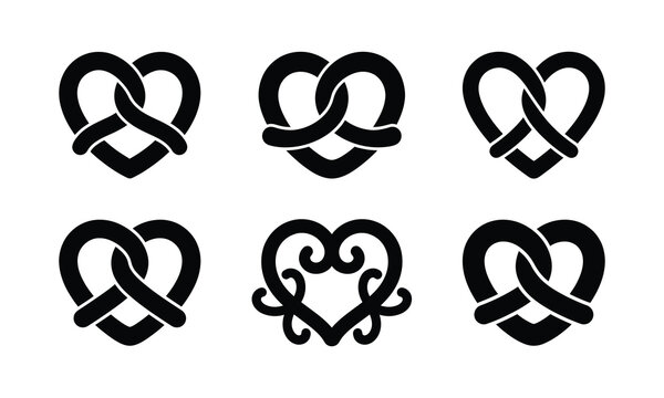 Set of heart shaped pretzel icons. different intertwined heart shapes. collection of pretzels.