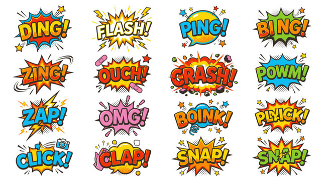 Vintage comic book sound effect burst sticker set.