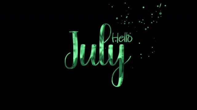 Green cursive text hello july with glittery sparkles on a black background, a bright and festive design suitable for digital greeting cards or social media posts.