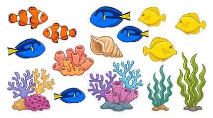 Obraz premium Colorful tropical fish coral seaweed and shell vector set