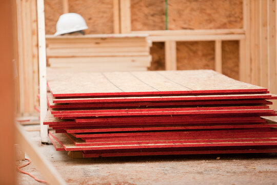 Stack of sheathing at a house under construction