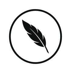 Elegant black feather icon, minimalist quill pen symbol in a circular frame, sleek vector graphic for writing, creativity, and lightweight concepts © Nasira's studio