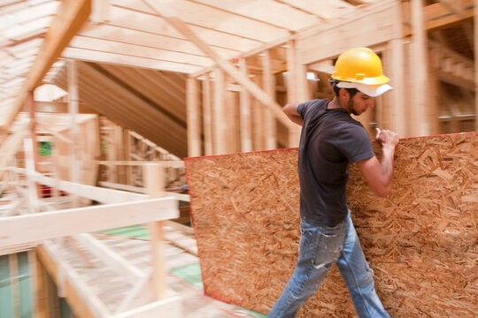 Hispanic carpenter carrying sheathing at a house under construction