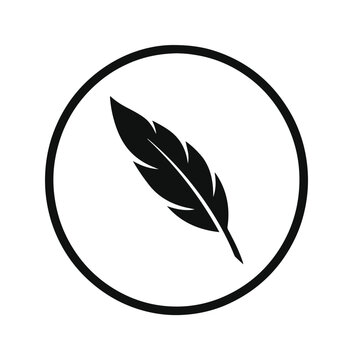 Elegant black feather icon, minimalist quill pen symbol in a circular frame, sleek vector graphic for writing, creativity, and lightweight concepts