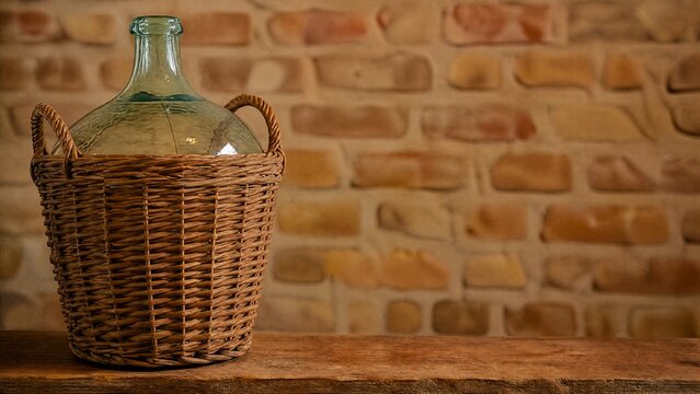Glass demijohn in wicker wrap, rustic interior concept.