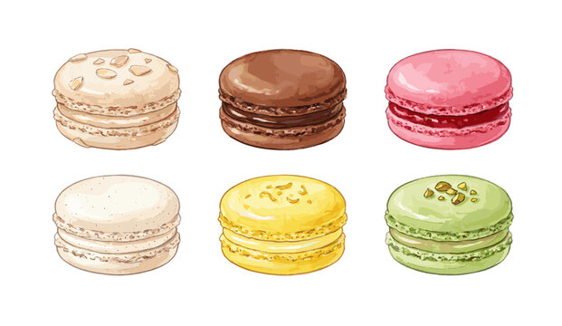 A delicious watercolor illustration of six assorted French macarons in various pastel colors