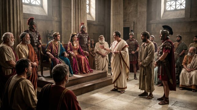 Saint Paul standing before King Agrippa and Bernice in a Roman courtroom. Biblical narrative scene from Acts with roman soldiers, judge Festus and gathered crowd in ancient hall.