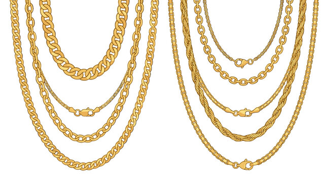 Set of gold chain necklaces with different link styles