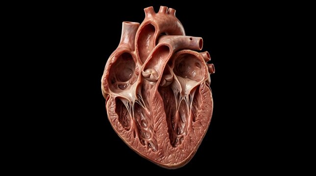 Human heart cross section isolated on black background 8k realistic portrait 