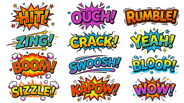 Vintage style colorful cartoon sound effect bubble collection.