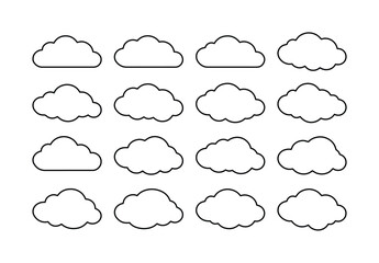 Obraz premium Minimalist cloud outline vector icons, 16 unique cloud shapes, simple weather symbol collection, clean sky element graphics for digital design and web projects.