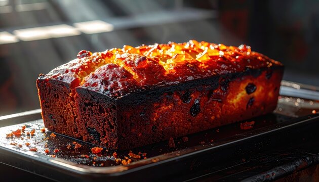 A Rich Fruitcake Loaf With a Burnt Sugar Glaze Baked on a Dark Baking Sheet
