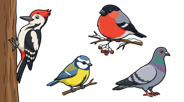 Cartoon bird set with woodpecker bullfinch tit and pigeon