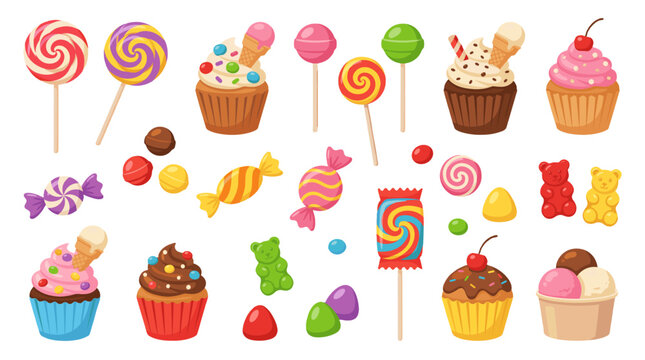 Colorful candy and cupcake collection in cartoon vector style