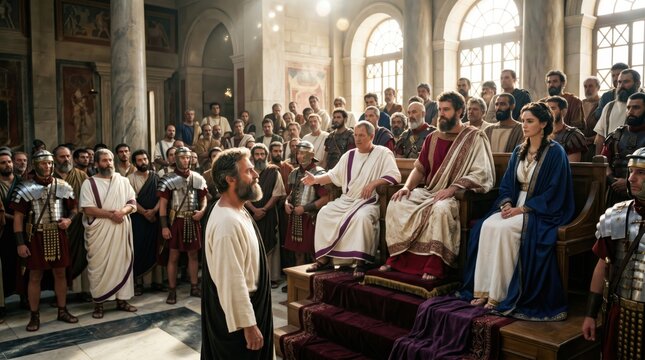 Apostle Paul standing in court before King Agrippa and Bernice. Biblical scene of a trial in the Roman hall. Hearing of the message of the gospel before authorities and soldiers.