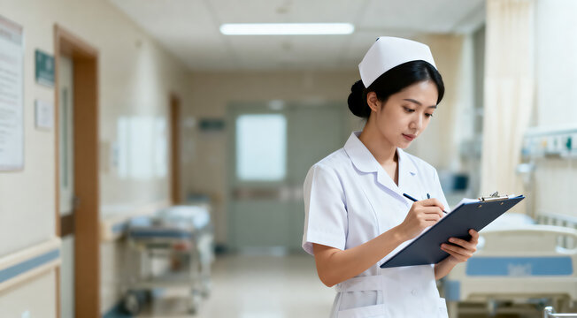 Female nurse checking chart in clinic hallway