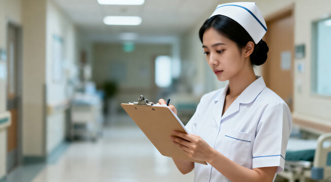 Young asian nurse filling medical report paper