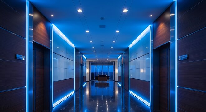 Futuristic Blue Lit Corridor Leading to Conference Room