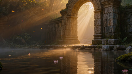 Obraz premium Ancient stone arch by lotus pond in mystical forest. Sacred temple landscape. Zen meditation background. Spiritual healing retreat