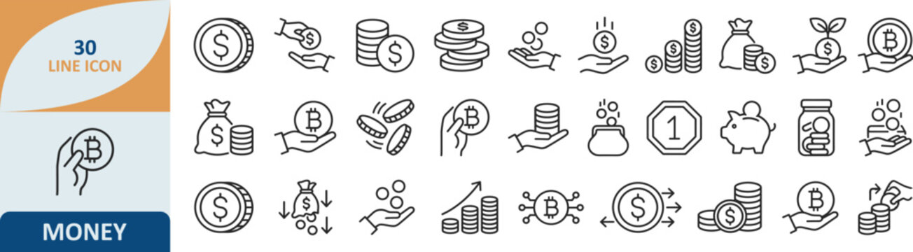 Set of money finance and banking savings line vector icons with currency investment transaction business exchange financial commerce interest transfer marketing accounting analysis