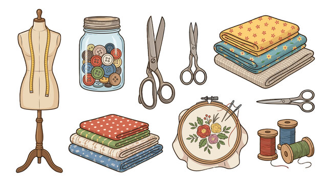 Sewing and quilting tools with fabrics buttons and embroidery