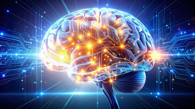 Glowing digital brain with circuit board overlays, visualizing neural networks