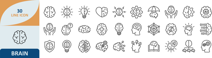 Set of brain thinking and artificial intelligence line vector icons with thinking intelligence cognitive artificial creativity analysis knowledge education psychology brainstorm innovation © Stockfyy