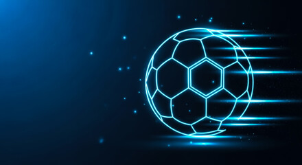 Naklejka premium A high-tech, glowing soccer ball with hexagonal panels moving at high speed, emitting bright blue light trails against a dark cosmic backdrop.
