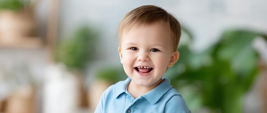 Happy young child smiles and laughs with excitement in a bright indoor space during playtime with interesting toys
