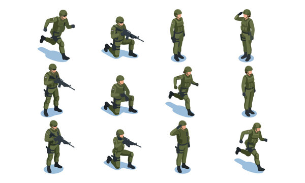 Isometric Soldier Character Set in Various Military Actions