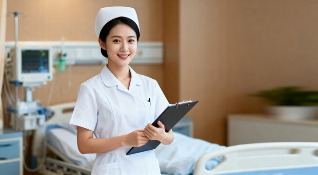 Smiling Asian nurse in hospital ward