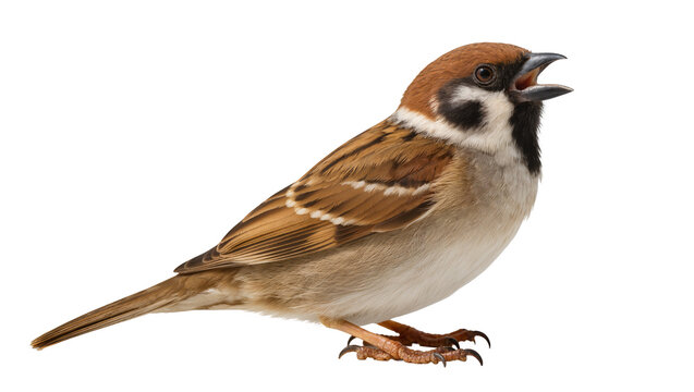 Eurasian Tree Sparrow bird with open beak and brown feathers