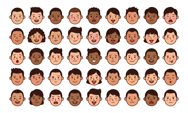 Diverse people face avatars with various facial expressions set