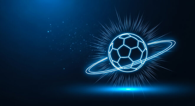 A glowing soccer ball with a ring orbiting it, set against a deep space background with starry cosmic effects and a futuristic blue aura.