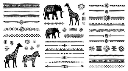 Obraz premium African animal silhouettes with tribal borders and decorative patterns