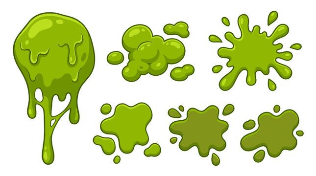Set of green slime splashes and dripping goo cartoon vector