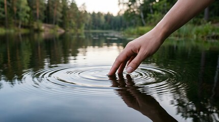 Fototapeta premium Hand touching water surface creating ripples in serene lake surrounded by trees