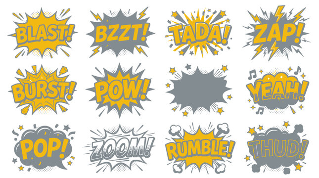 Yellow and grey comic sound effect speech bubbles set.