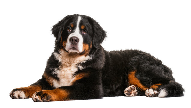 Bernese Mountain Dog lying down with tri-color fur